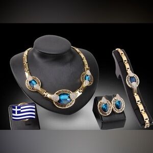 4pc GreeK 🇬🇷 key vintage Gold Blue crystal rhinestone Necklace Set BEAU DEFI